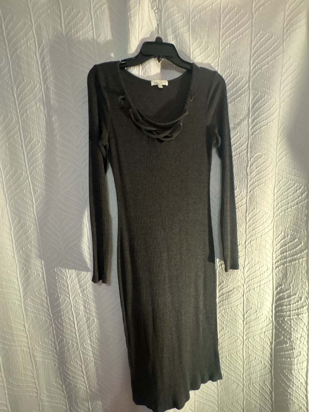 Love Fire Dark Gray Ribbed Long Sleeve Midi Dress with Lace-Up Neckline